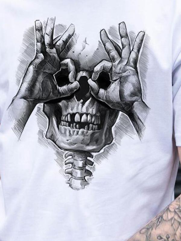 Skull with OK Pattern Graphic Casual Black Print T-shirt-2