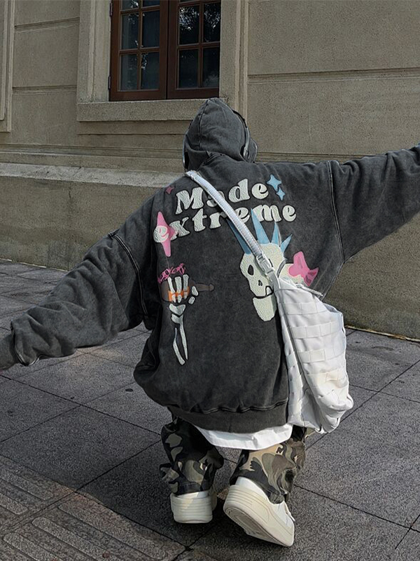 Men's Hip Pop Distressed Skull Print Oversized Hoodie-2