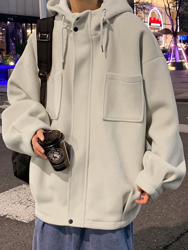 Men's Solid Hooded Zip Up Short Woolen Jacket-4