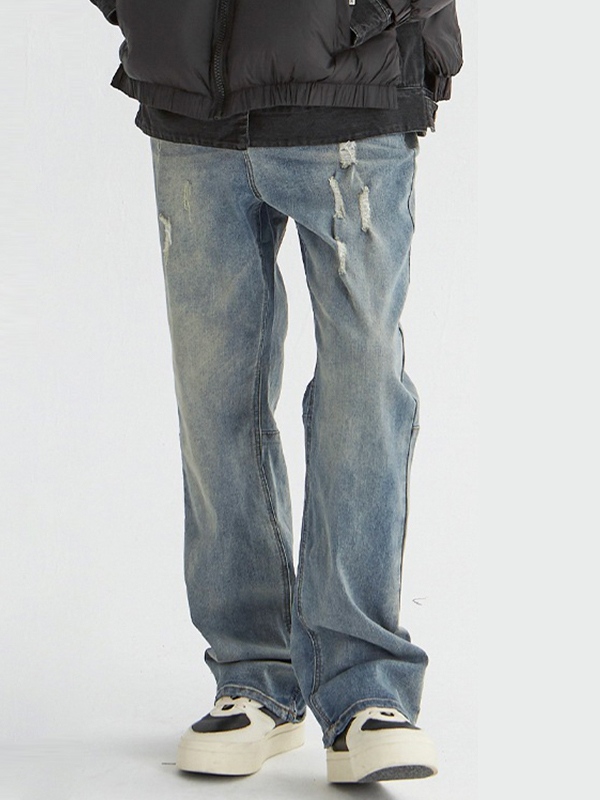 Men's Distressed Wash Ripped Loose Jeans-3