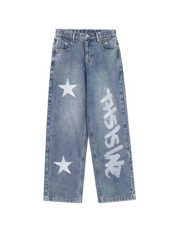 Washed Star Letter Print Boyfriend Jeans-3