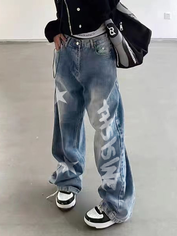 Washed Star Letter Print Boyfriend Jeans-2