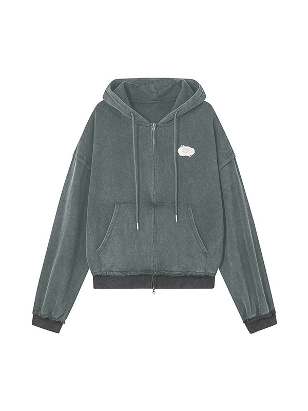 Distressed Washed Double Zip Hoodie&Frayed Hem Skirt Set-3