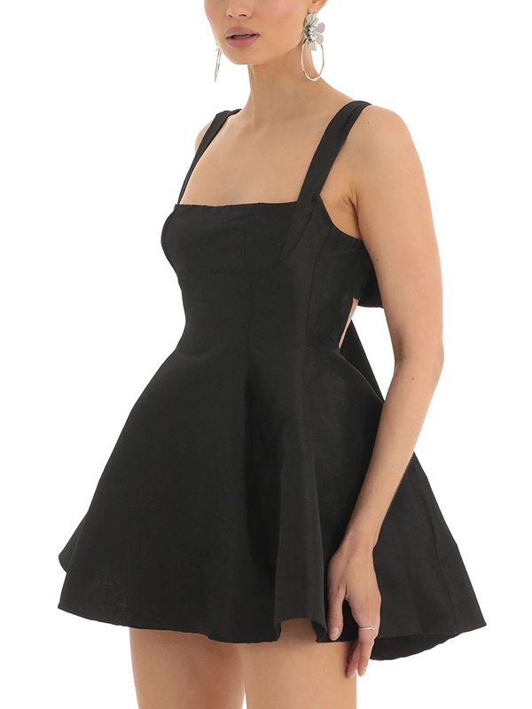 Solid Backless Bow Mini Dress-2
