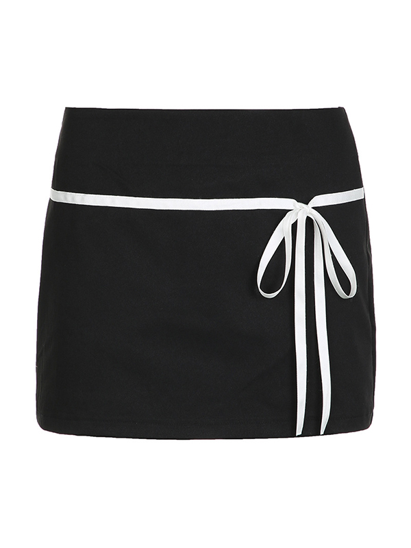 Contrast Tie Up Bow Splice Low Rise Mini Skirt-3