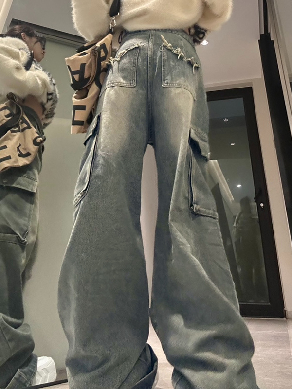 Big Pocket Turned Waist Cargo Jeans-2