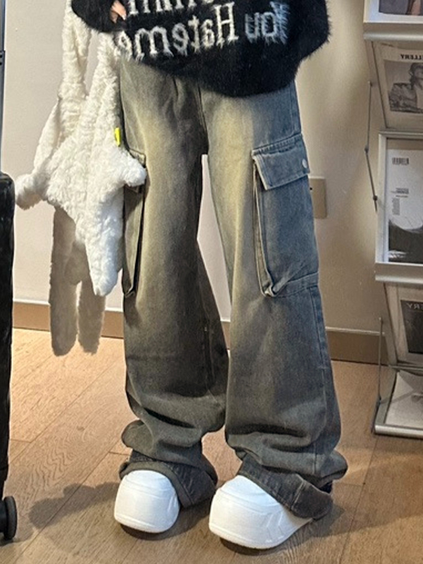 Big Pocket Turned Waist Cargo Jeans-4
