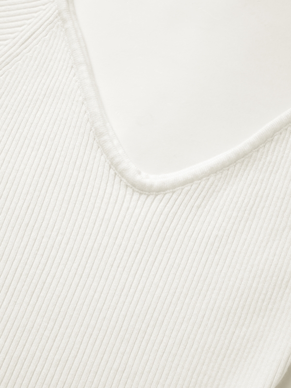 Solid V Neck Ribbed A-line Knit Mini Dress-6