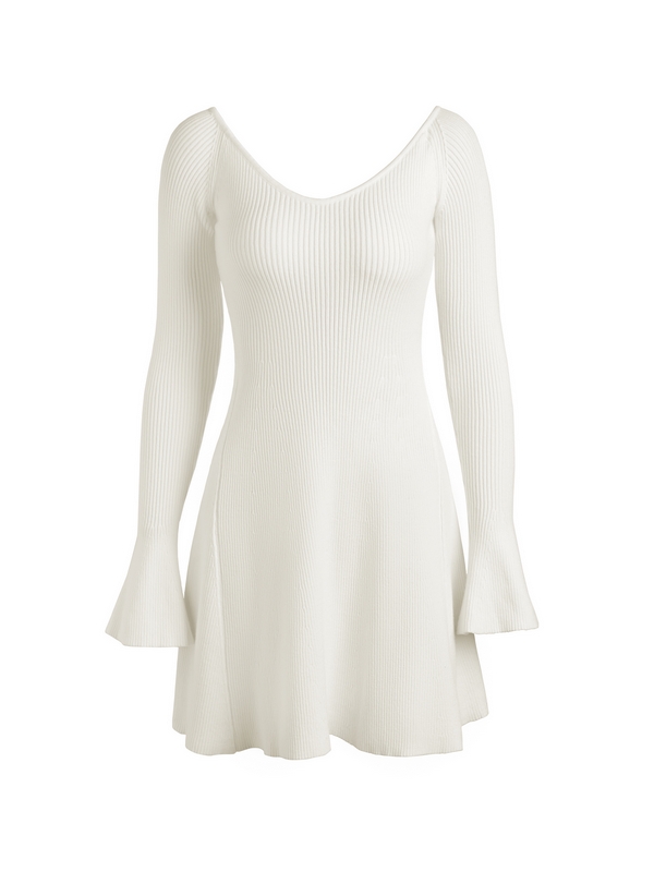 Solid V Neck Ribbed A-line Knit Mini Dress-3