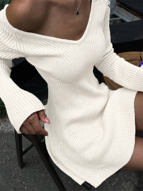 Solid V Neck Ribbed A-line Knit Mini Dress-2