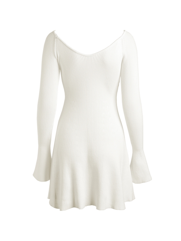 Solid V Neck Ribbed A-line Knit Mini Dress-4