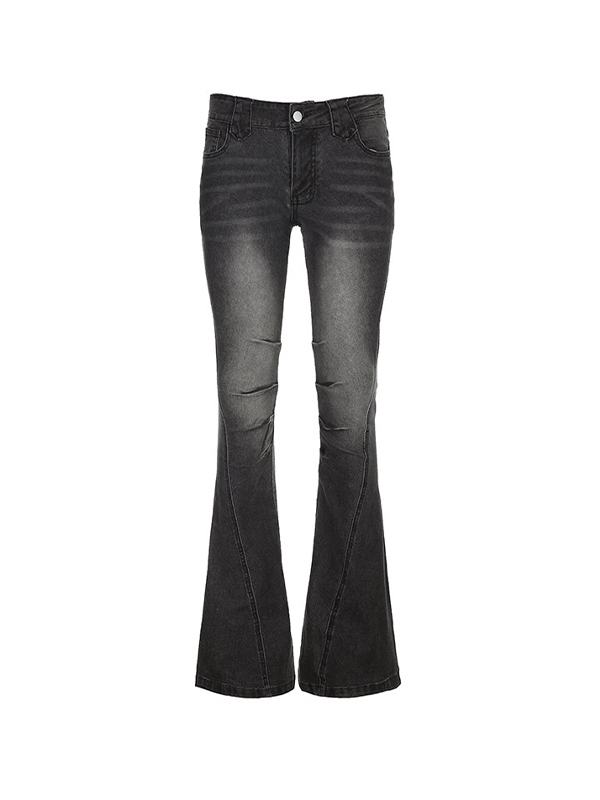 Street Distressed Ruched Splice Low Rise Flare Jeans-4