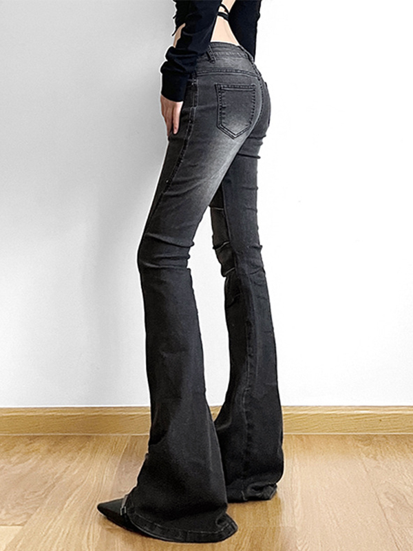 Street Distressed Ruched Splice Low Rise Flare Jeans-3