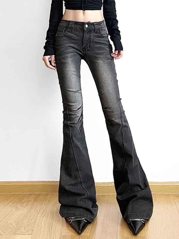 Street Distressed Ruched Splice Low Rise Flare Jeans-2