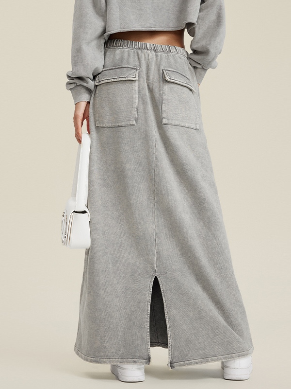 Washed Back Slit Baggy Maxi Skirt-2