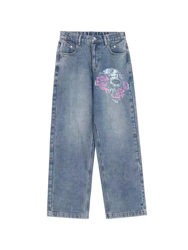 Skull Rose Print Vintage Blue Wide Leg Boyfriend Jeans-2