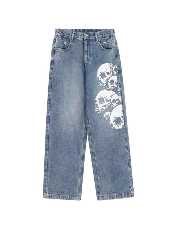 Skull Print Vintage Blue Wide Leg Boyfriend Jeans-2