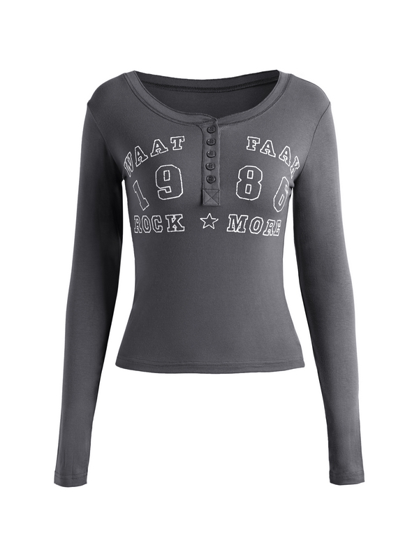 Number Letter Print Breasted Slim Long Sleeve Tee-2