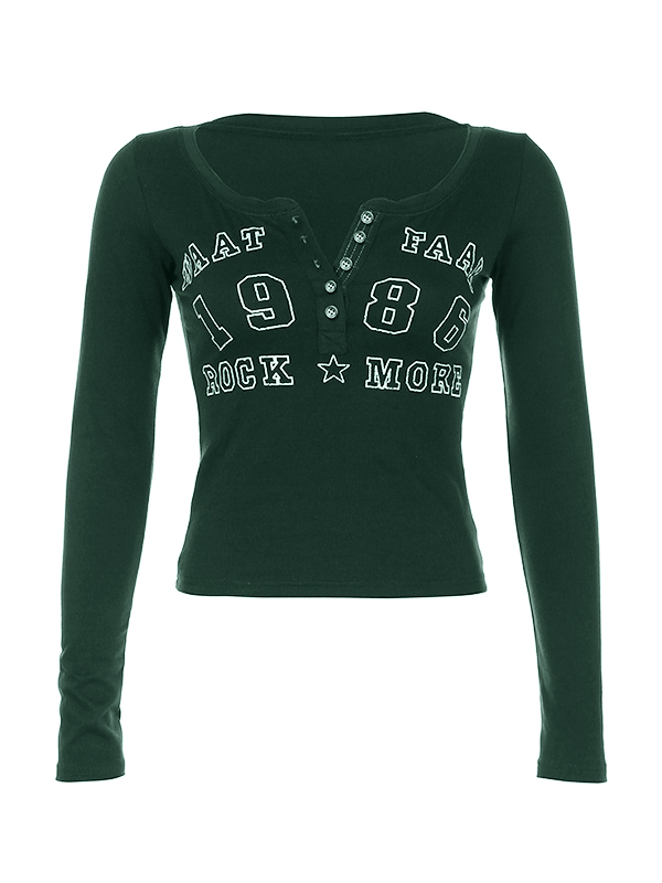 Number Letter Print Breasted Slim Long Sleeve Tee-2