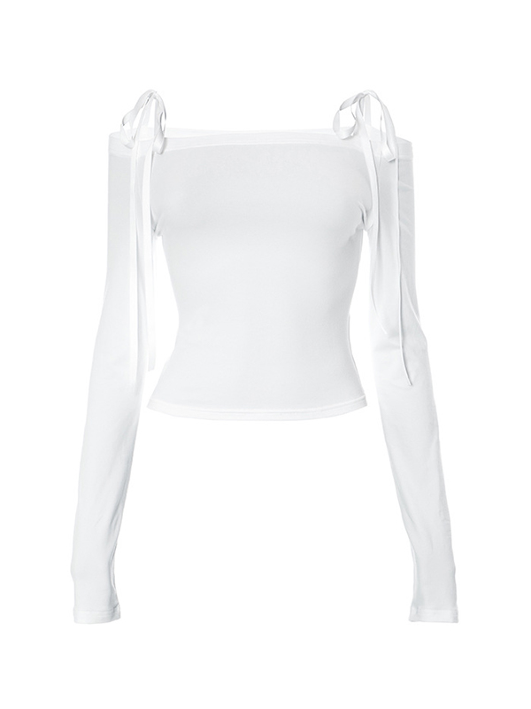 Off Shoulder Lace Up Long Sleeve Tee-3