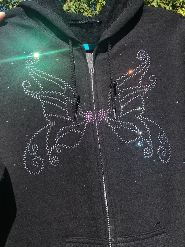 Vintage Butterfly Rhinestone Zip Up Oversized Hoodie-3