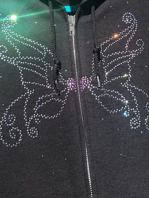 Vintage Butterfly Rhinestone Zip Up Oversized Hoodie-2