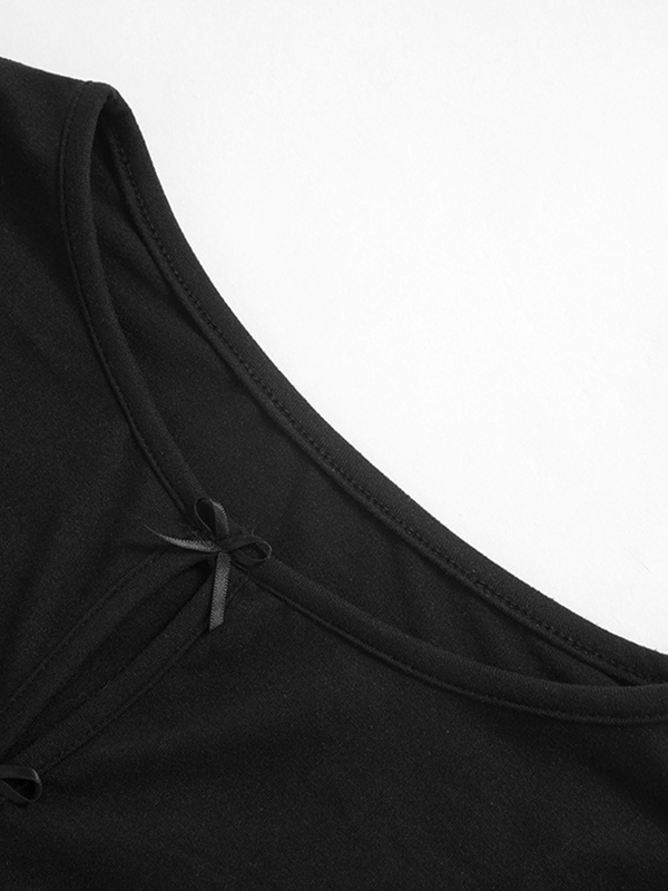 Solid Cutout Bow  Decor Long Sleeve Tee-4
