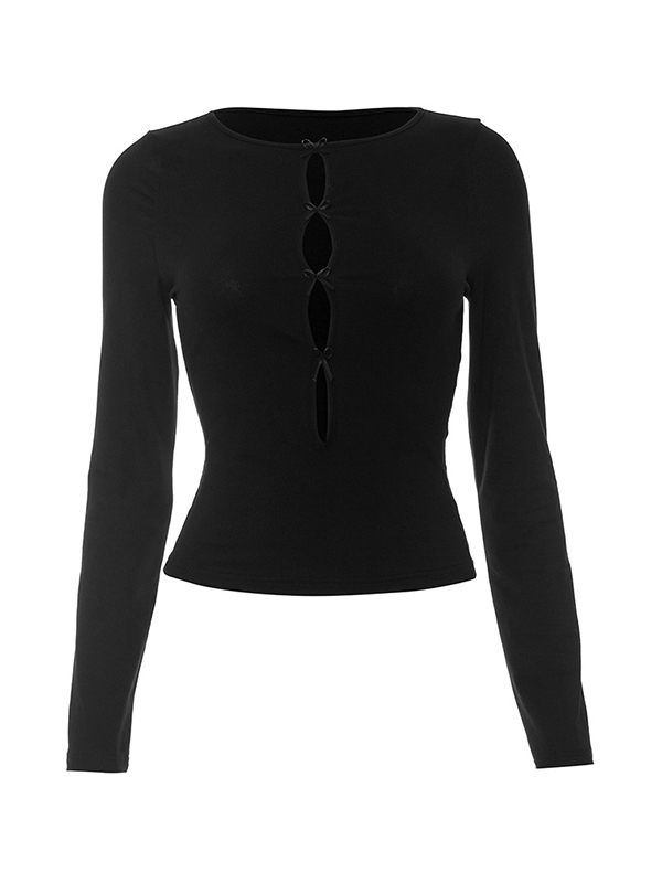 Solid Cutout Bow  Decor Long Sleeve Tee-3