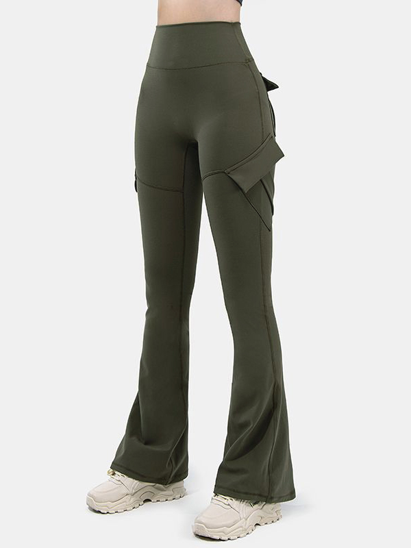 Solid Multi Pocket High Rise Flare Leg Pants-2