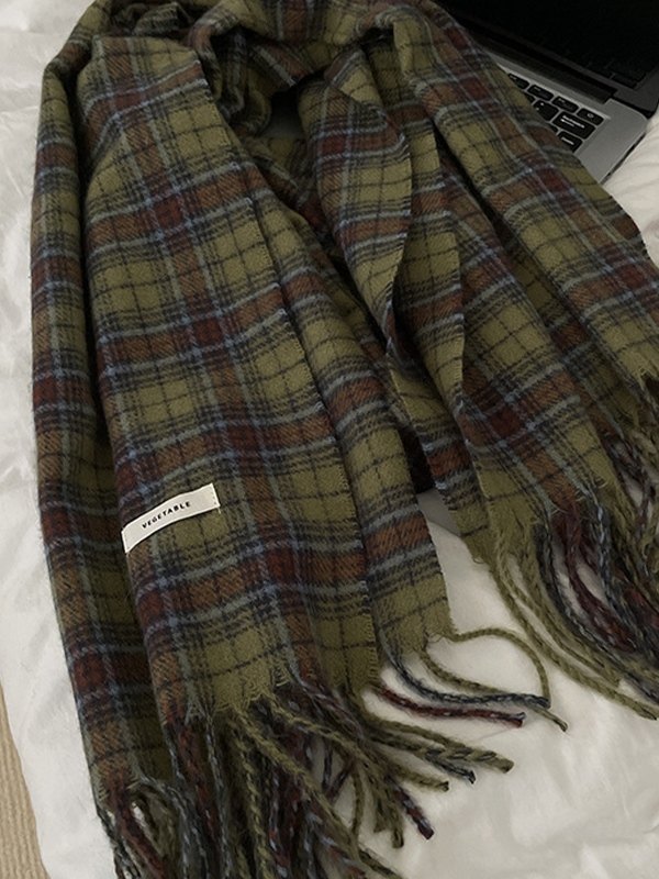 Vintage Green Checkered Fringed Scarf-2