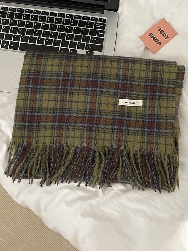Vintage Green Checkered Fringed Scarf-3