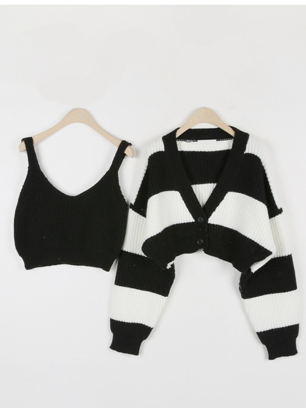 Stripe Splice Short Knit Cardigan-2