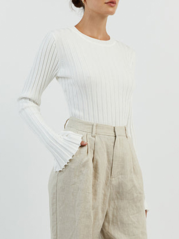 Solid Ribbed Crew Neck Long Sleeve Knit-2