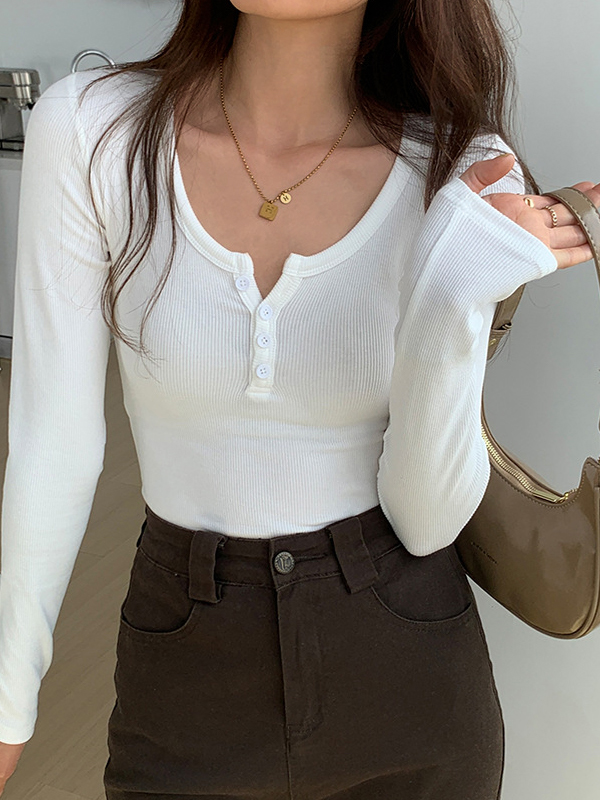 Solid Color Rib High Elastic Breasted Long Sleeve Knit-2