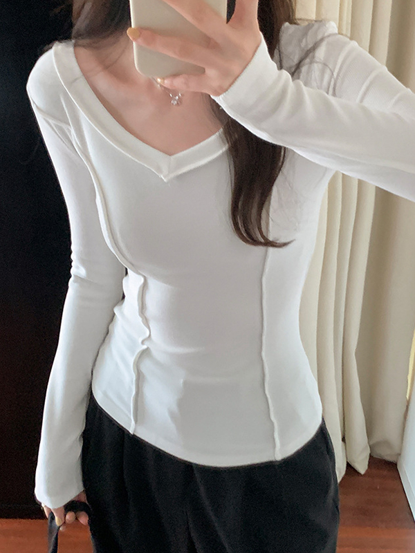 Solid V Neck Seam Detail Slim Long Sleeve Knit-2