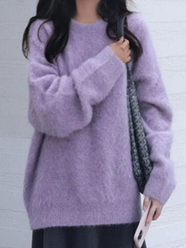 Fuzzy Solid Pullover Sweater-2