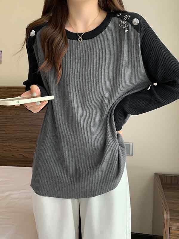 Contrast Color Splice Metal Decor Long Sleeve Knit-4