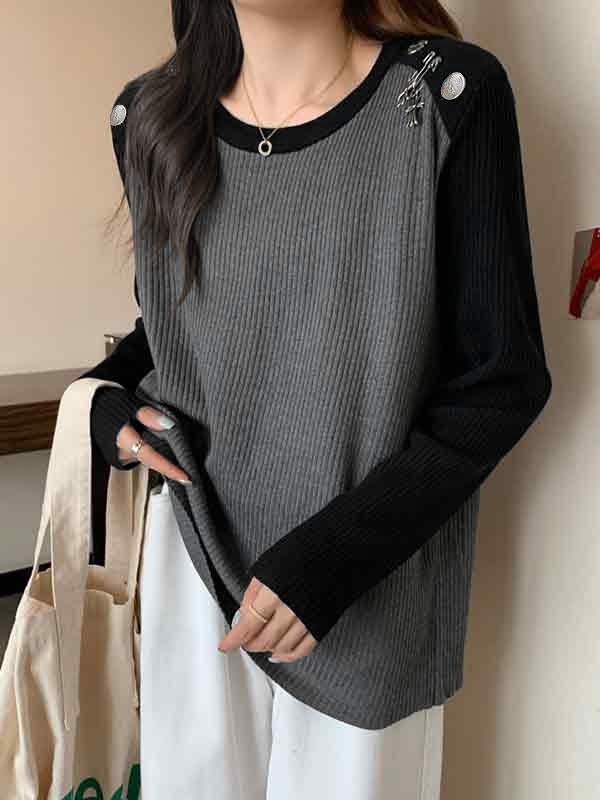 Contrast Color Splice Metal Decor Long Sleeve Knit-2