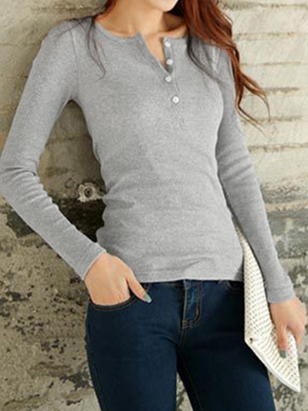 Solid Ribbed Breasted Long Sleeve Tee-2