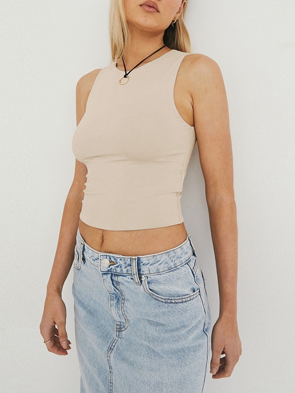 Solid Crew Neck Cropped Tank Top-2