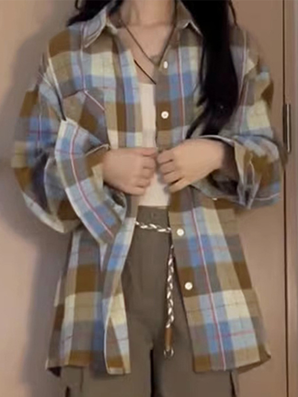Vintage Contrast Plaid Print Long Sleeve Blouse-2