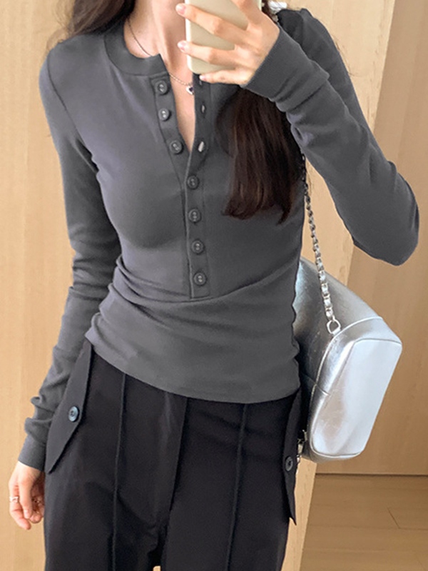 Solid Breasted Slim Long Sleeve Knit-3